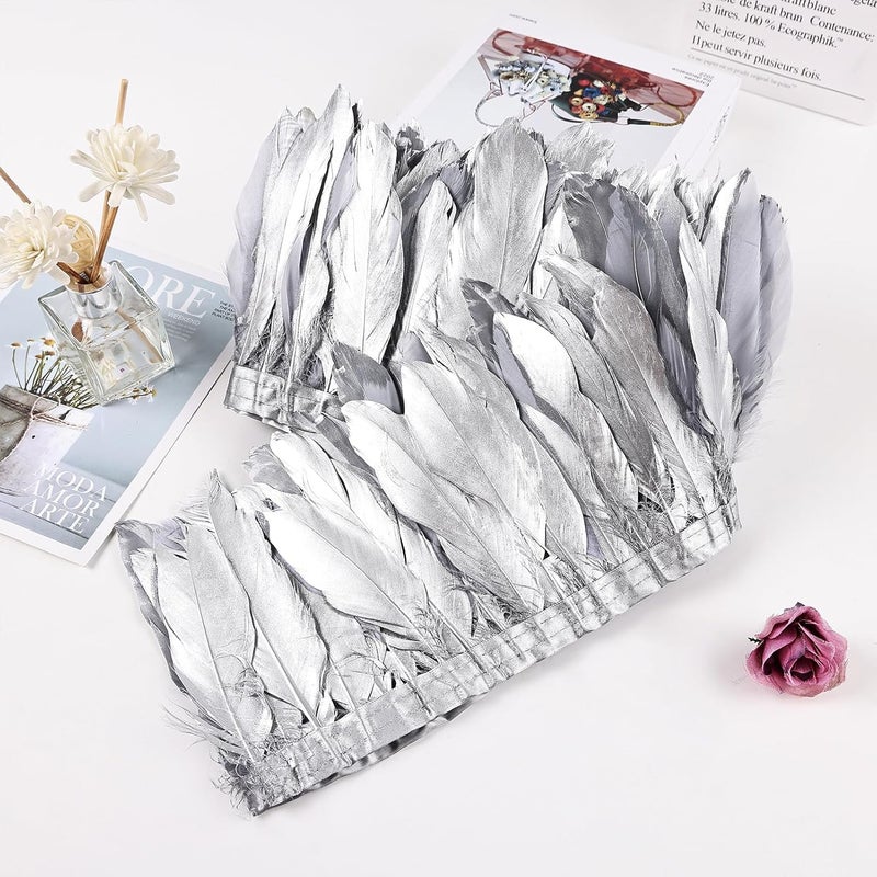 MAOFENG 2 Yards Natural Goose Feathers Trim Sewing Fringe Fashion Dress Sewing 6-8inch for DIY Handicrafts Costumes Decoration,Silver - Image 5